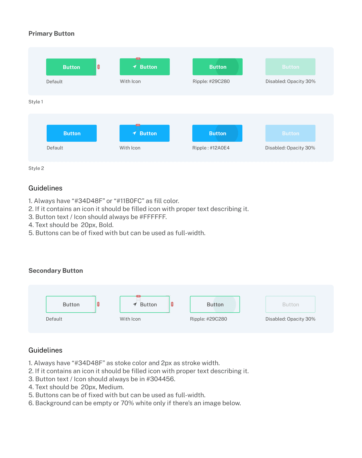 Image of page where primary button and secondary button design guidelines are written.