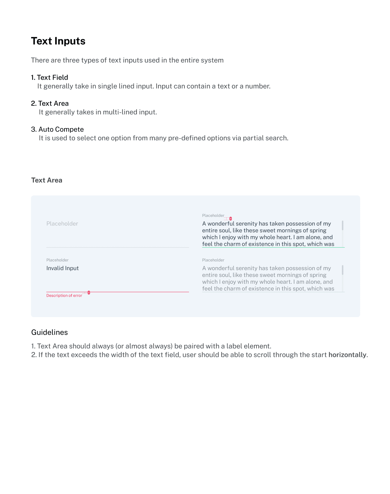 Image of page where text inputs and text area design guidelines are written.
