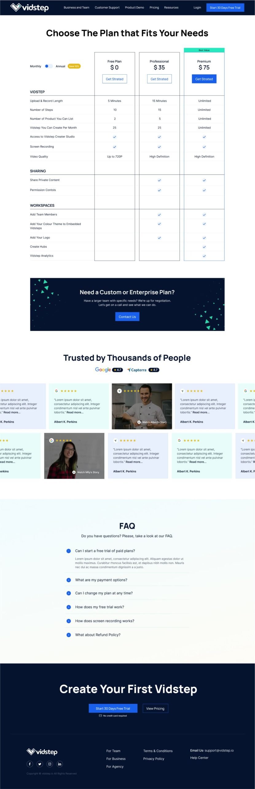 Image of pricing page on the website of vidstep