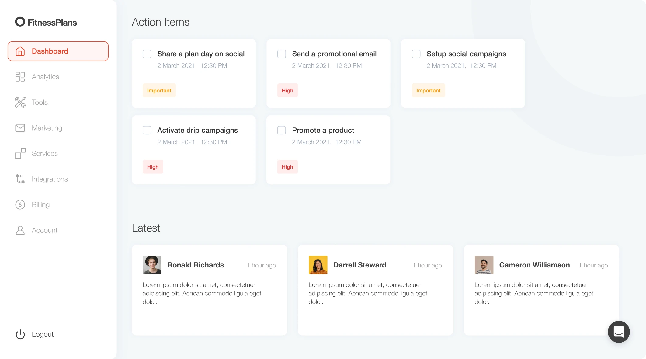 A screenshot of the fitness plans web dashboard page
