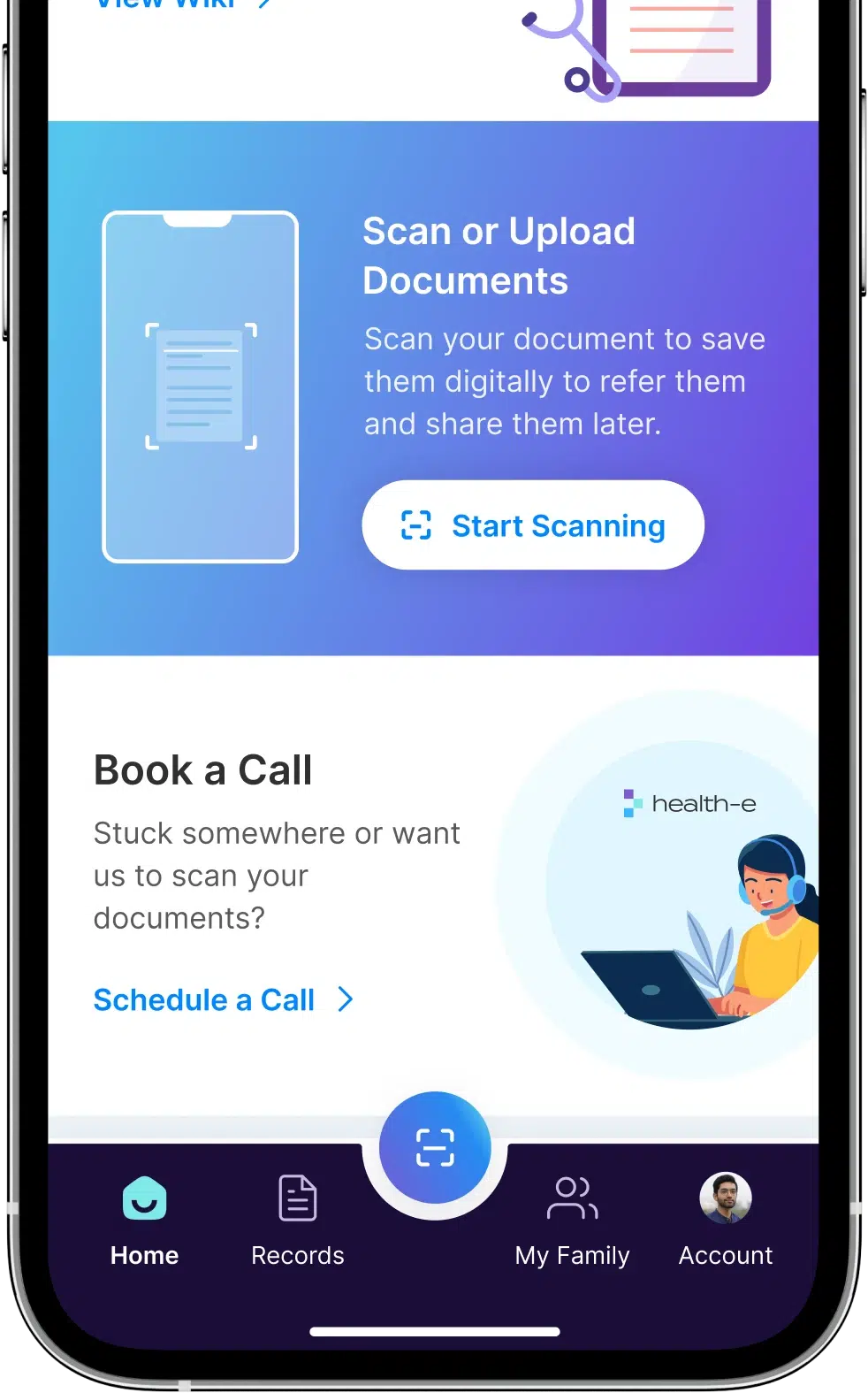 Health-e app scan section screen