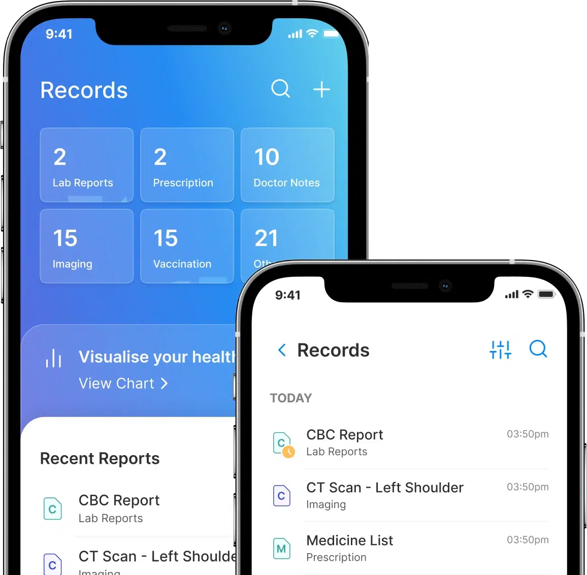 Health-e application records and visual data screen