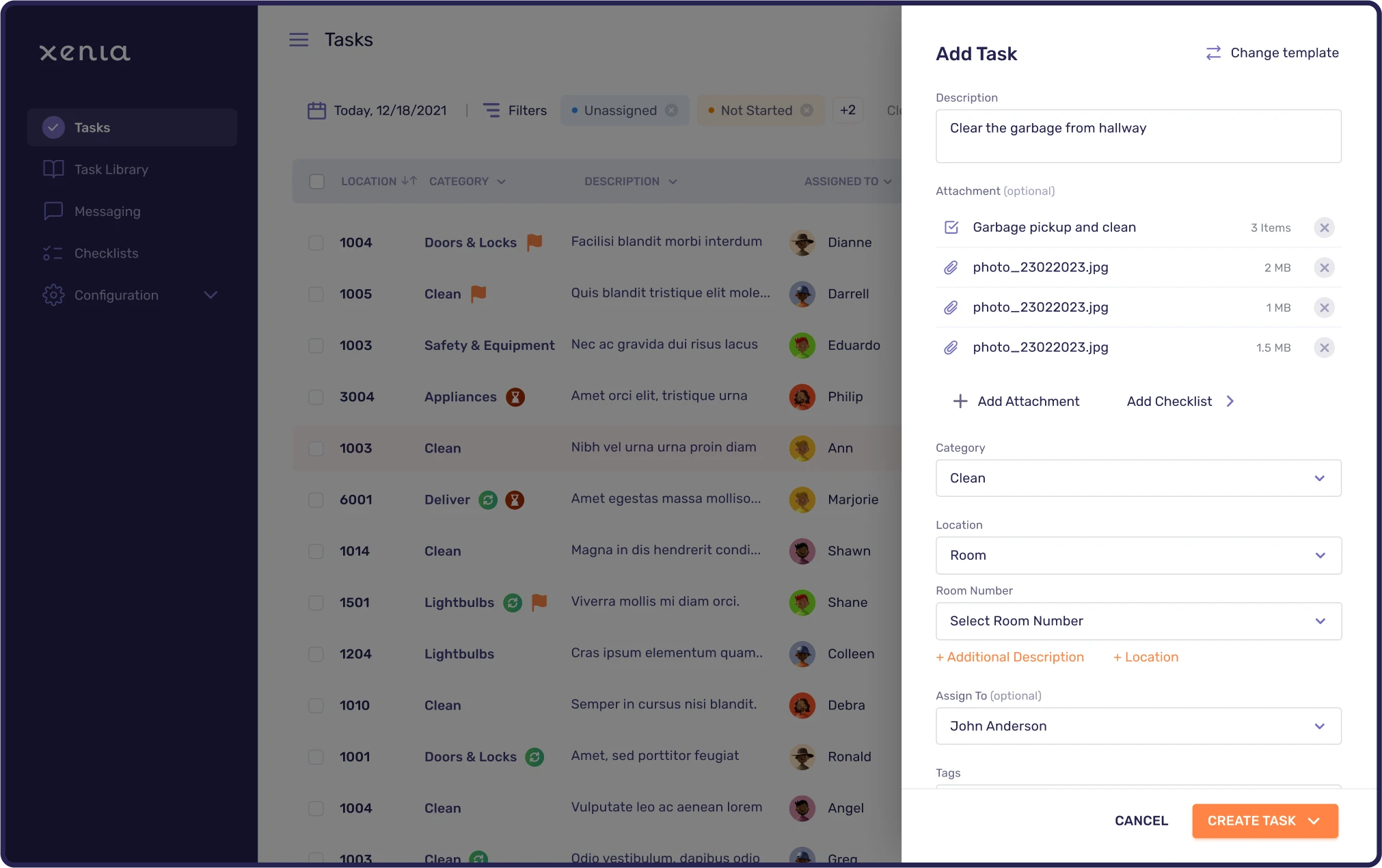 Images of the Add Task section in the dashboard of the Xenia application