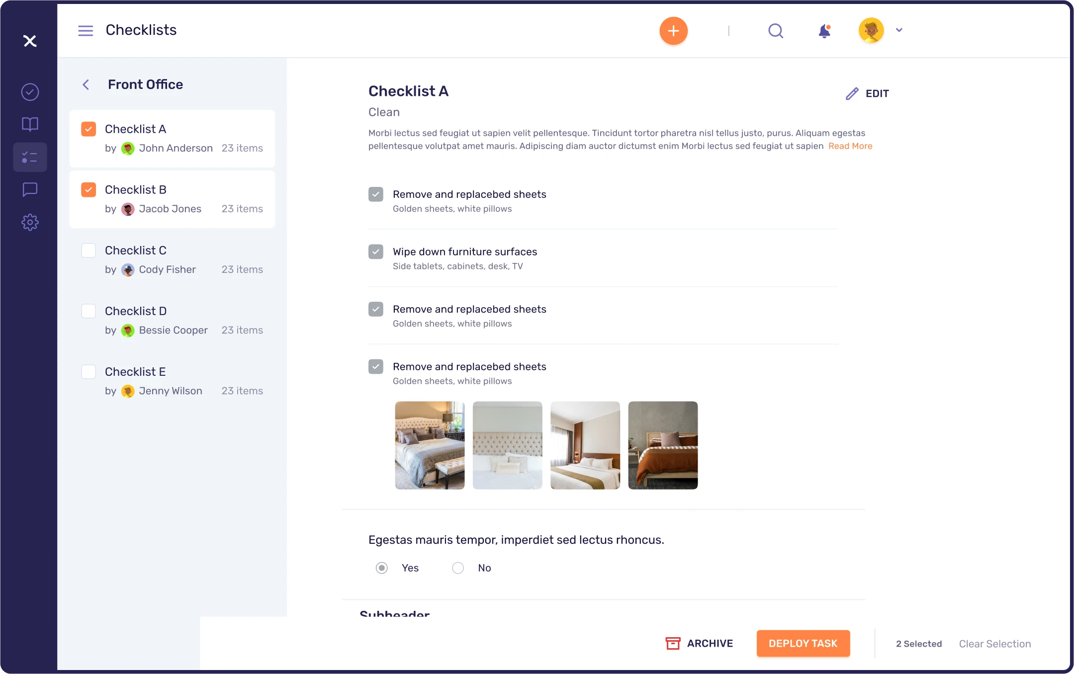 Images of the checklist section on the dashboard of the Xenia application